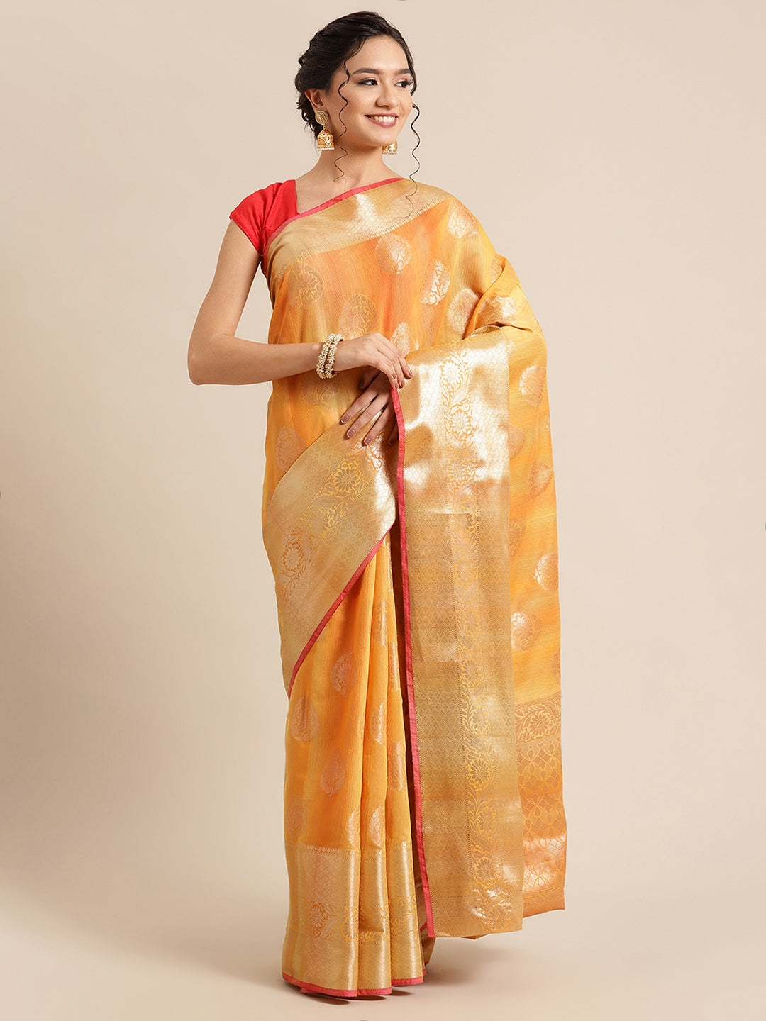 Faishana Presents Handwoven Gold Matka Silk Boota Skirt Border With Gold Blouse Banarasi Saree