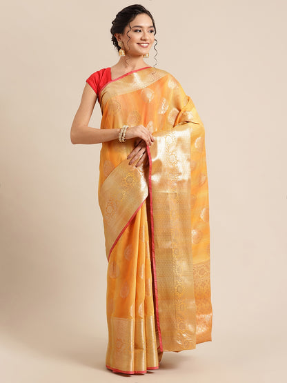 Faishana Presents Handwoven Gold Matka Silk Boota Skirt Border With Gold Blouse Banarasi Saree