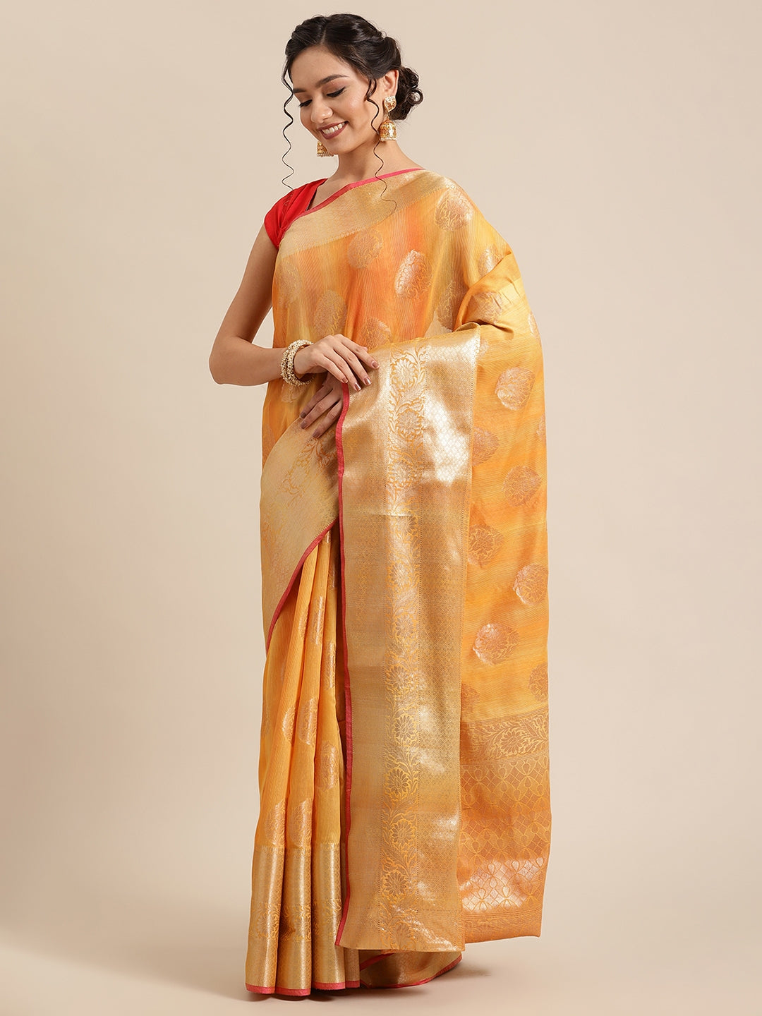 Faishana Presents Handwoven Gold Matka Silk Boota Skirt Border With Gold Blouse Banarasi Saree