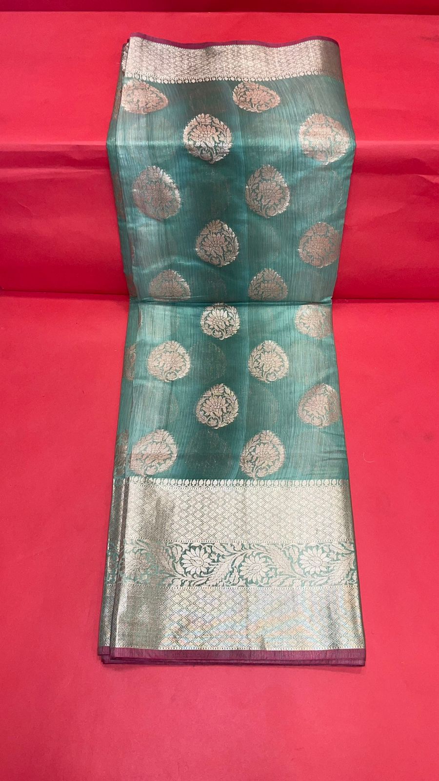 Faishana Presents Handwoven Green Matka Silk Boota Skirt Border With Green Blouse Banarasi Saree