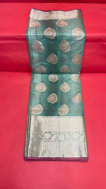 Faishana Presents Handwoven Green Matka Silk Boota Skirt Border With Green Blouse Banarasi Saree