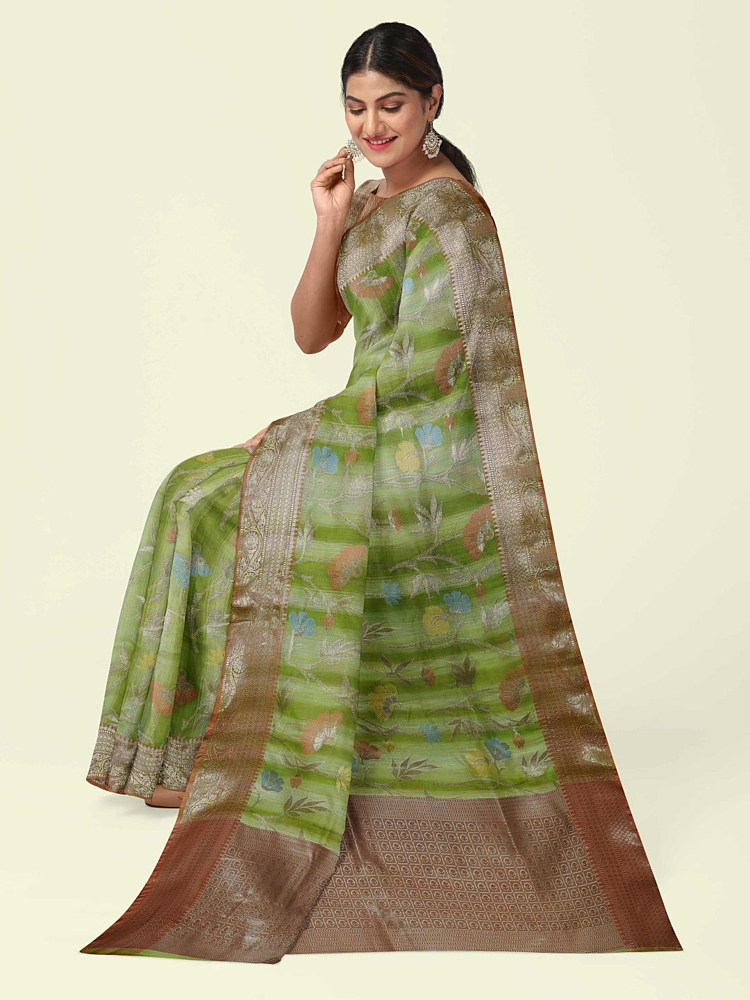 Faishana Presents Woven Pista Green Matka Silk Tilfi Jaal Zari Border With Brown Blouse Banarasi Saree