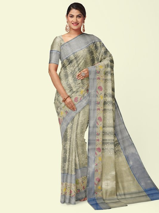Faishana Presents Handwoven Grey Matka Silk Boota Skirt Border With Blue Blouse Banarasi Saree