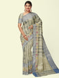 Faishana Presents Handwoven Grey Matka Silk Boota Skirt Border With Blue Blouse Banarasi Saree