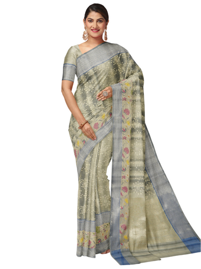 Faishana Presents Handwoven Grey Matka Silk Boota Skirt Border With Blue Blouse Banarasi Saree