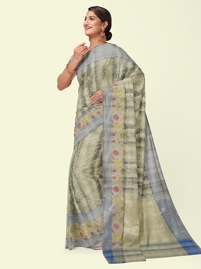 Faishana Presents Handwoven Grey Matka Silk Boota Skirt Border With Blue Blouse Banarasi Saree