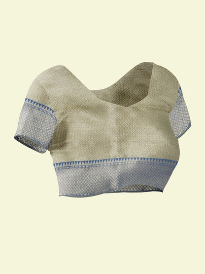 Faishana Presents Handwoven Grey Matka Silk Boota Skirt Border With Blue Blouse Banarasi Saree