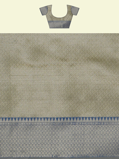 Faishana Presents Handwoven Grey Matka Silk Boota Skirt Border With Blue Blouse Banarasi Saree