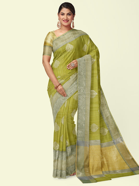 Faishana Presents Handwoven Pista Green Matka Silk Boota Skirt Border With Green Blouse Banarasi Saree