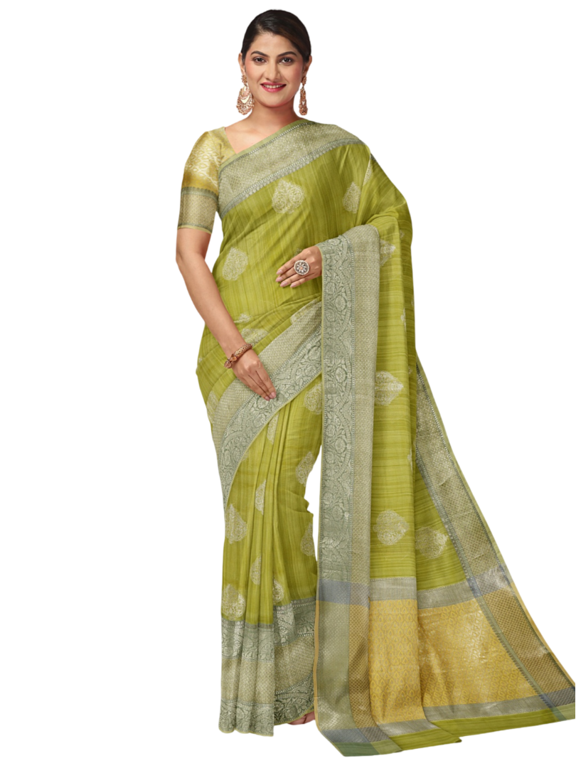 Faishana Presents Handwoven Pista Green Matka Silk Boota Skirt Border With Green Blouse Banarasi Saree