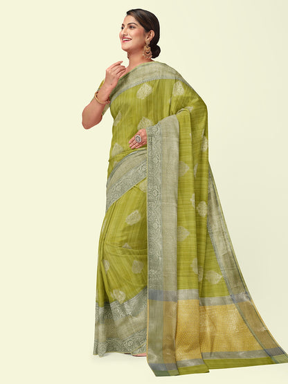 Faishana Presents Handwoven Pista Green Matka Silk Boota Skirt Border With Green Blouse Banarasi Saree