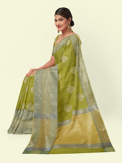 Faishana Presents Handwoven Pista Green Matka Silk Boota Skirt Border With Green Blouse Banarasi Saree