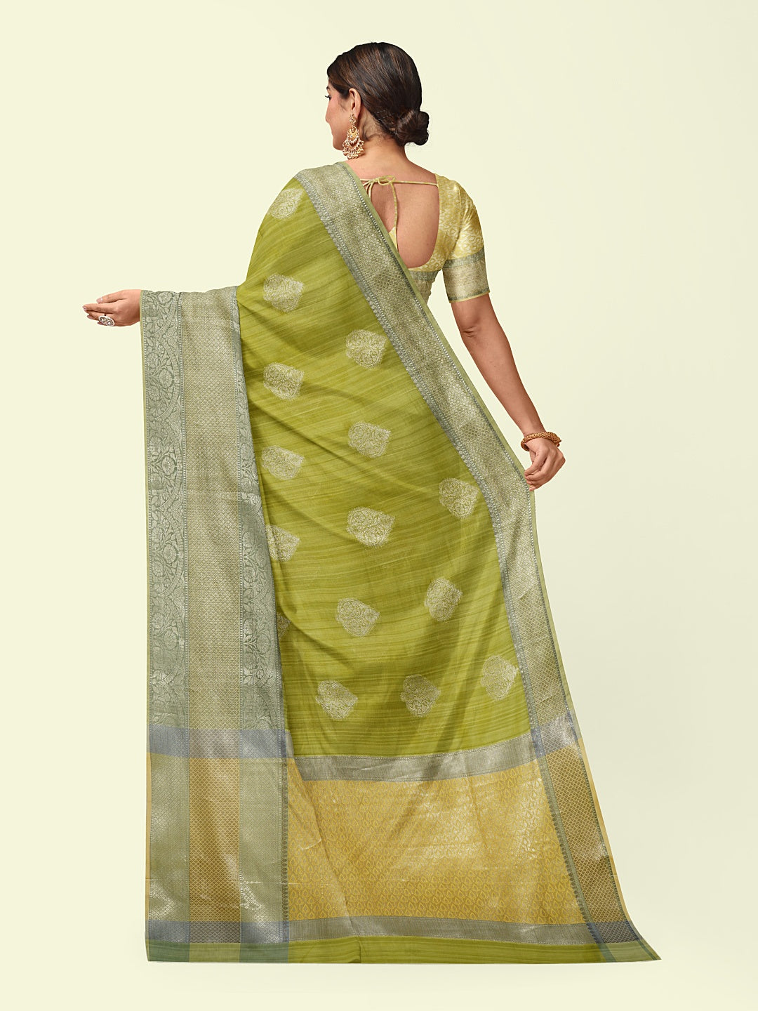 Faishana Presents Handwoven Pista Green Matka Silk Boota Skirt Border With Green Blouse Banarasi Saree