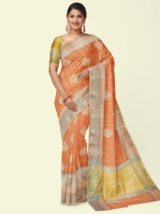 Faishana Presents Handwoven Rust Peach Matka Silk Boota Skirt Border With Orange Blouse Banarasi Saree
