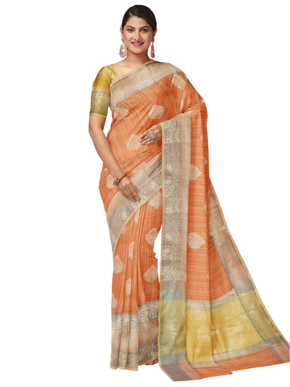 Faishana Presents Handwoven Rust Peach Matka Silk Boota Skirt Border With Orange Blouse Banarasi Saree