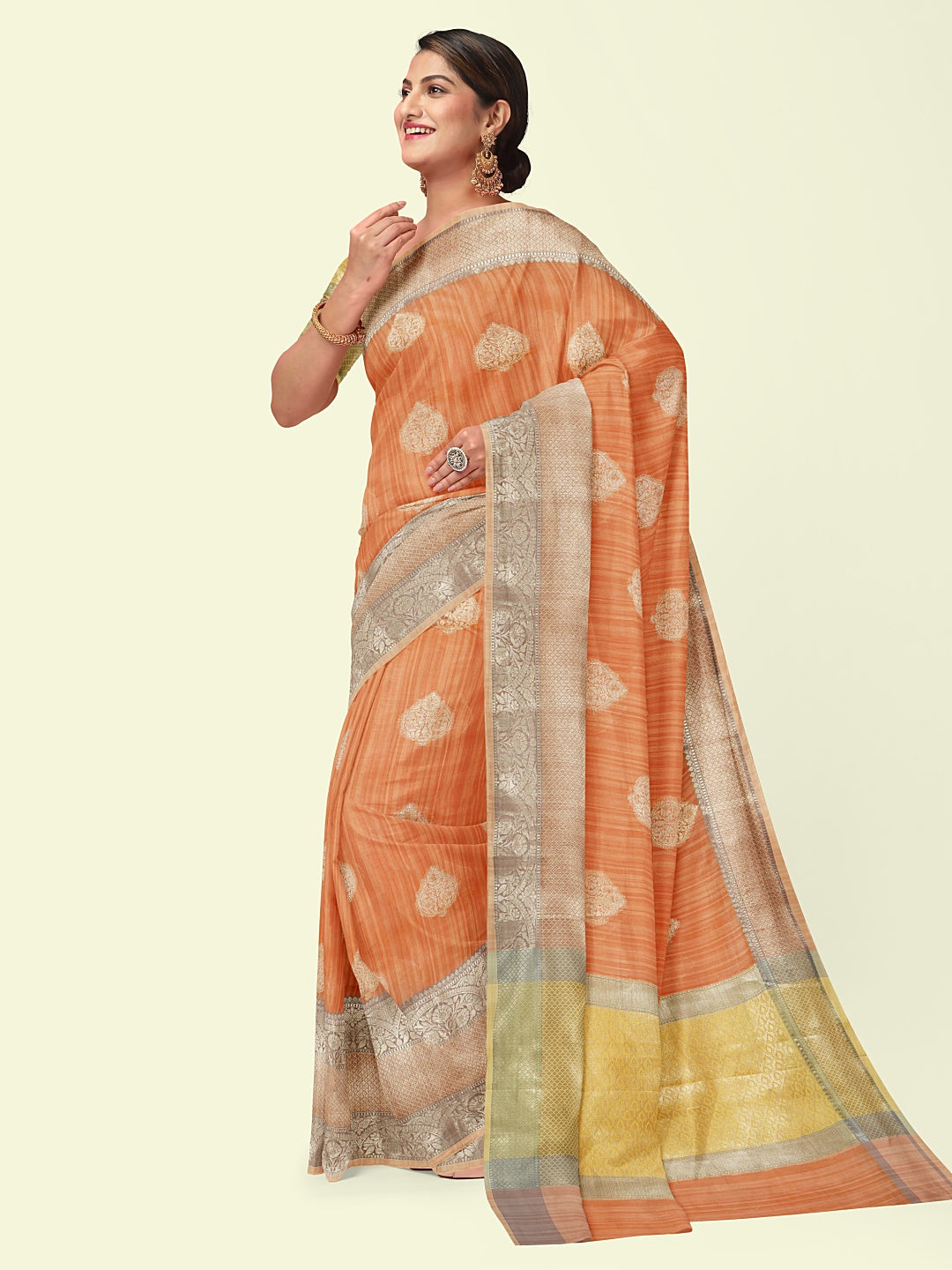 Faishana Presents Handwoven Rust Peach Matka Silk Boota Skirt Border With Orange Blouse Banarasi Saree
