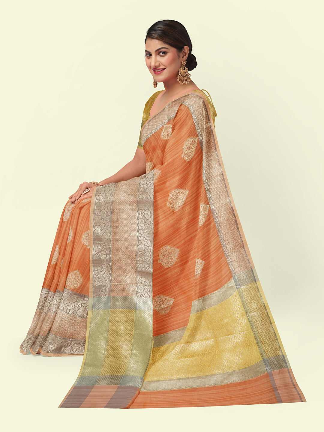 Faishana Presents Handwoven Rust Peach Matka Silk Boota Skirt Border With Orange Blouse Banarasi Saree
