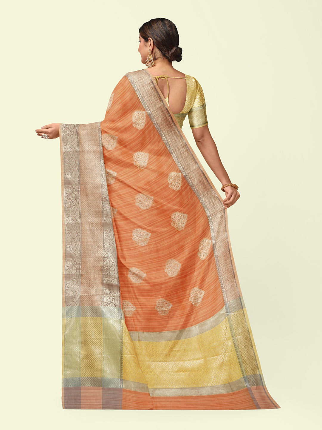 Faishana Presents Handwoven Rust Peach Matka Silk Boota Skirt Border With Orange Blouse Banarasi Saree