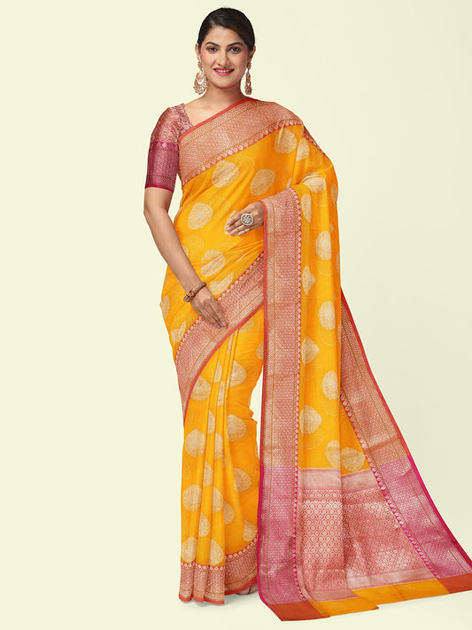 Faishana Presents Handwoven Gold Matka Silk Boota Skirt Border With Red Blouse Banarasi Saree