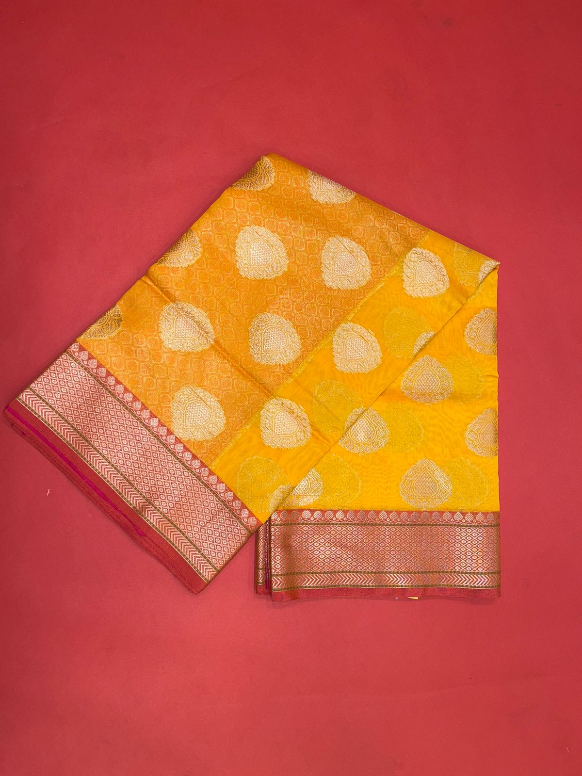 Faishana Presents Handwoven Gold Matka Silk Boota Skirt Border With Red Blouse Banarasi Saree