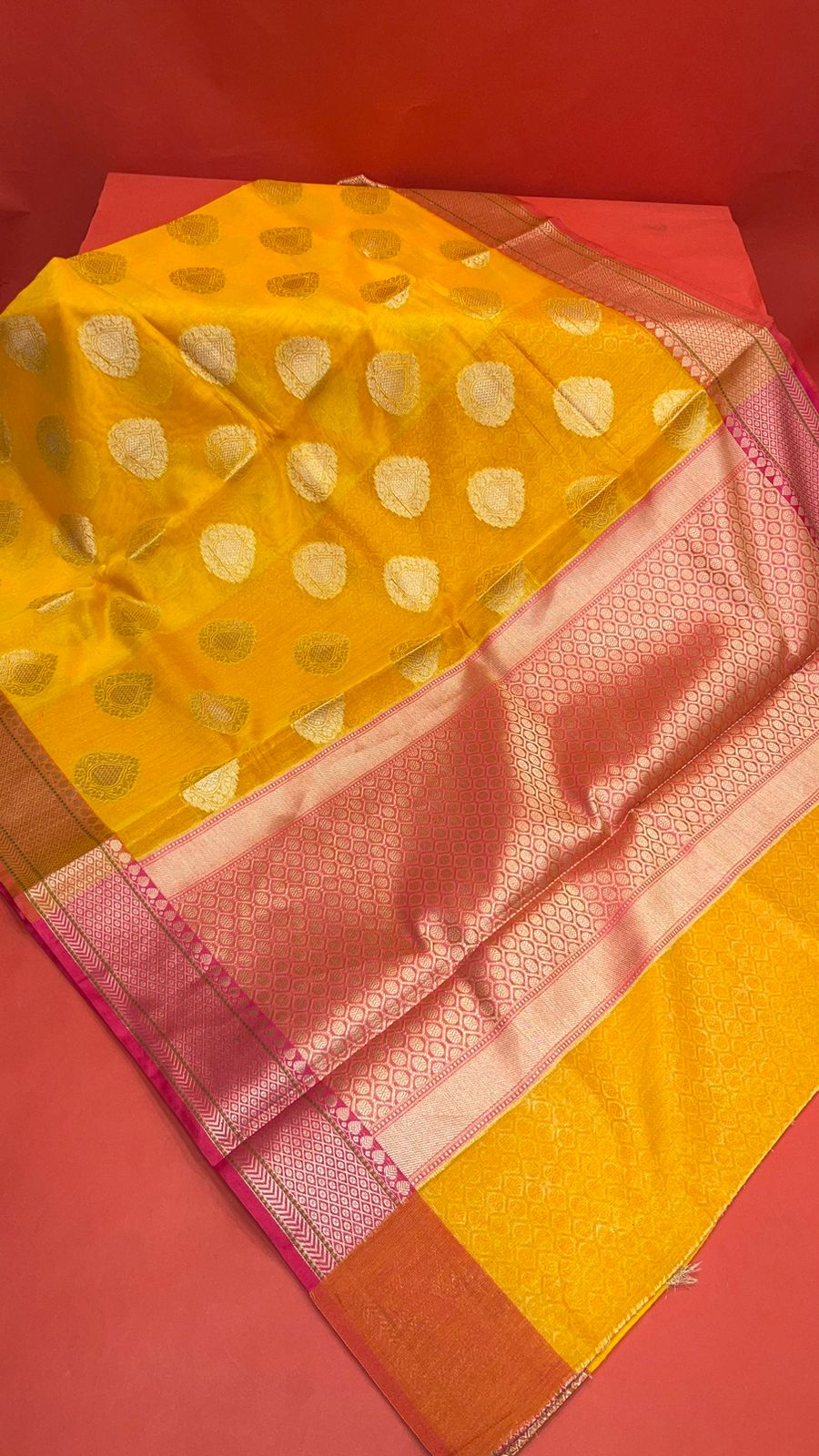 Faishana Presents Handwoven Gold Matka Silk Boota Skirt Border With Red Blouse Banarasi Saree