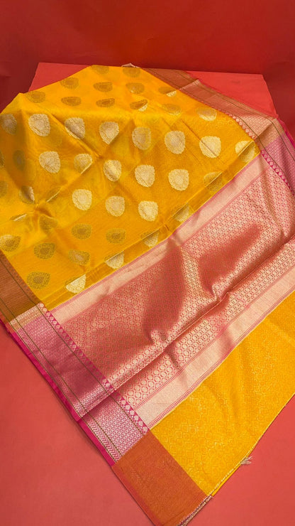 Faishana Presents Handwoven Gold Matka Silk Boota Skirt Border With Red Blouse Banarasi Saree