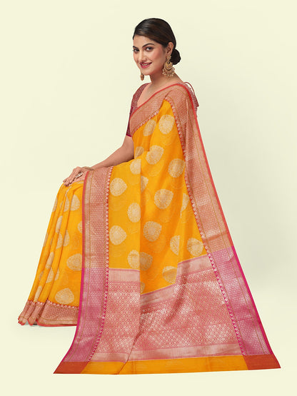 Faishana Presents Handwoven Gold Matka Silk Boota Skirt Border With Red Blouse Banarasi Saree