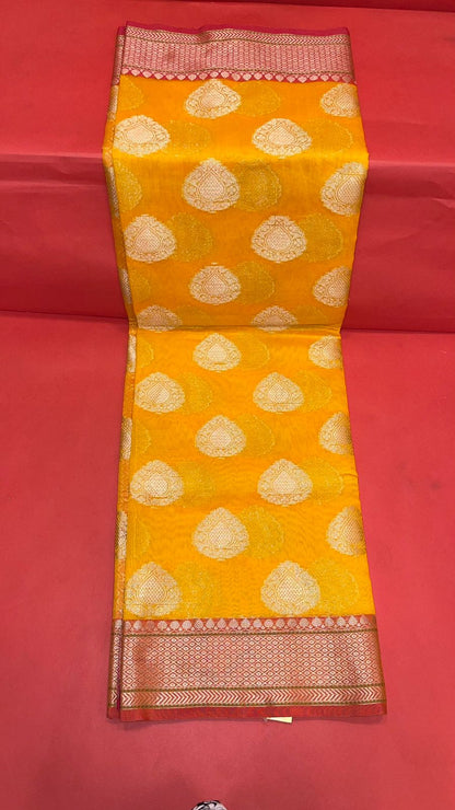 Faishana Presents Handwoven Gold Matka Silk Boota Skirt Border With Red Blouse Banarasi Saree