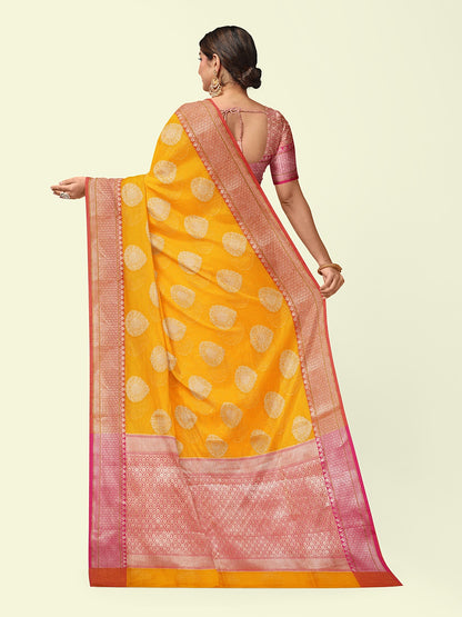 Faishana Presents Handwoven Gold Matka Silk Boota Skirt Border With Red Blouse Banarasi Saree