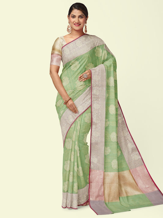 Faishana Presents Handwoven Light Green Matka Silk Boota Skirt Border With Light Purple Blouse Banarasi Saree