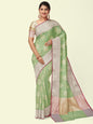 Faishana Presents Handwoven Light Green Matka Silk Boota Skirt Border With Light Purple Blouse Banarasi Saree