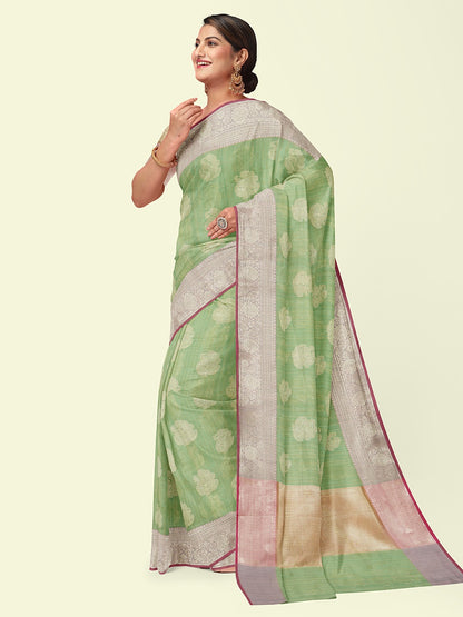 Faishana Presents Handwoven Light Green Matka Silk Boota Skirt Border With Light Purple Blouse Banarasi Saree