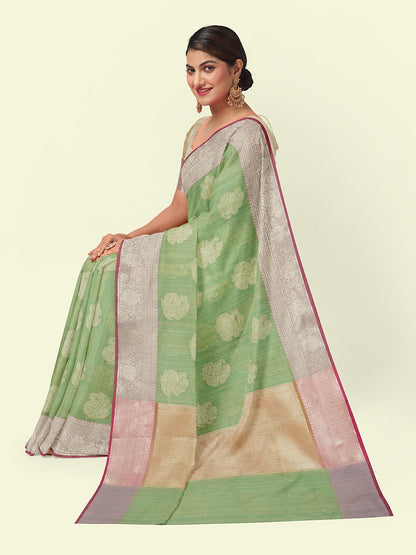 Faishana Presents Handwoven Light Green Matka Silk Boota Skirt Border With Light Purple Blouse Banarasi Saree