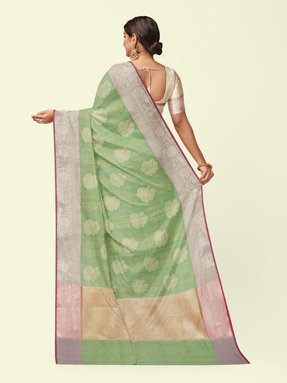 Faishana Presents Handwoven Light Green Matka Silk Boota Skirt Border With Light Purple Blouse Banarasi Saree