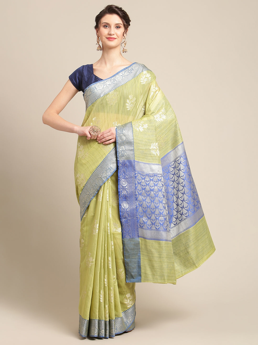 Faishana Presents Handwoven Pistachio Matka Silk Boota Skirt Border With Blue Blouse Banarasi Saree