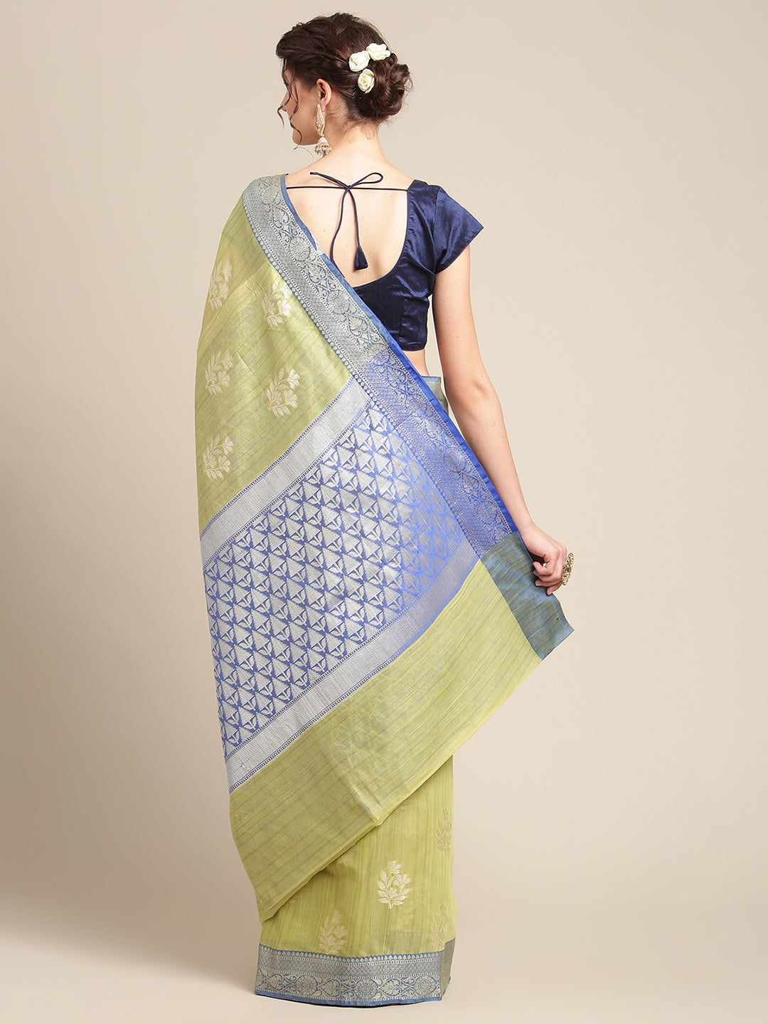 Faishana Presents Handwoven Pistachio Matka Silk Boota Skirt Border With Blue Blouse Banarasi Saree