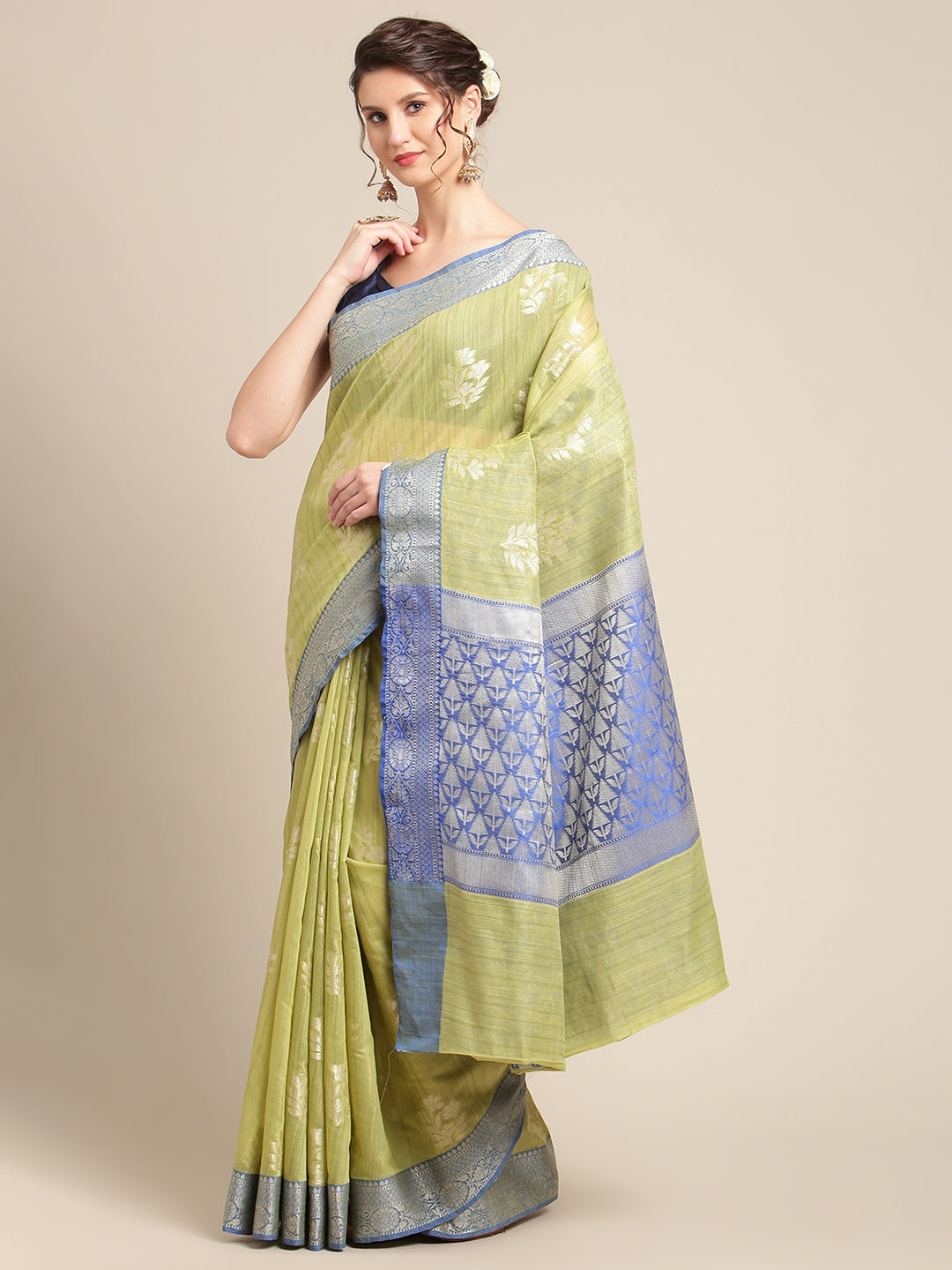 Faishana Presents Handwoven Pistachio Matka Silk Boota Skirt Border With Blue Blouse Banarasi Saree