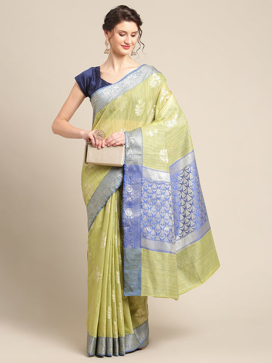 Faishana Presents Handwoven Pistachio Matka Silk Boota Skirt Border With Blue Blouse Banarasi Saree