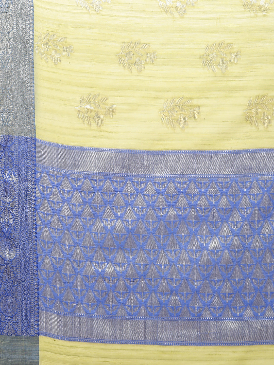 Faishana Presents Handwoven Pistachio Matka Silk Boota Skirt Border With Blue Blouse Banarasi Saree
