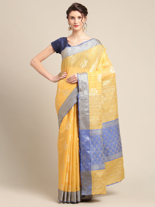 Faishana Presents Handwoven Gold Matka Silk Boota Skirt Border With Blue Blouse Banarasi Saree