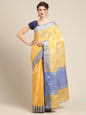 Faishana Presents Handwoven Gold Matka Silk Boota Skirt Border With Blue Blouse Banarasi Saree