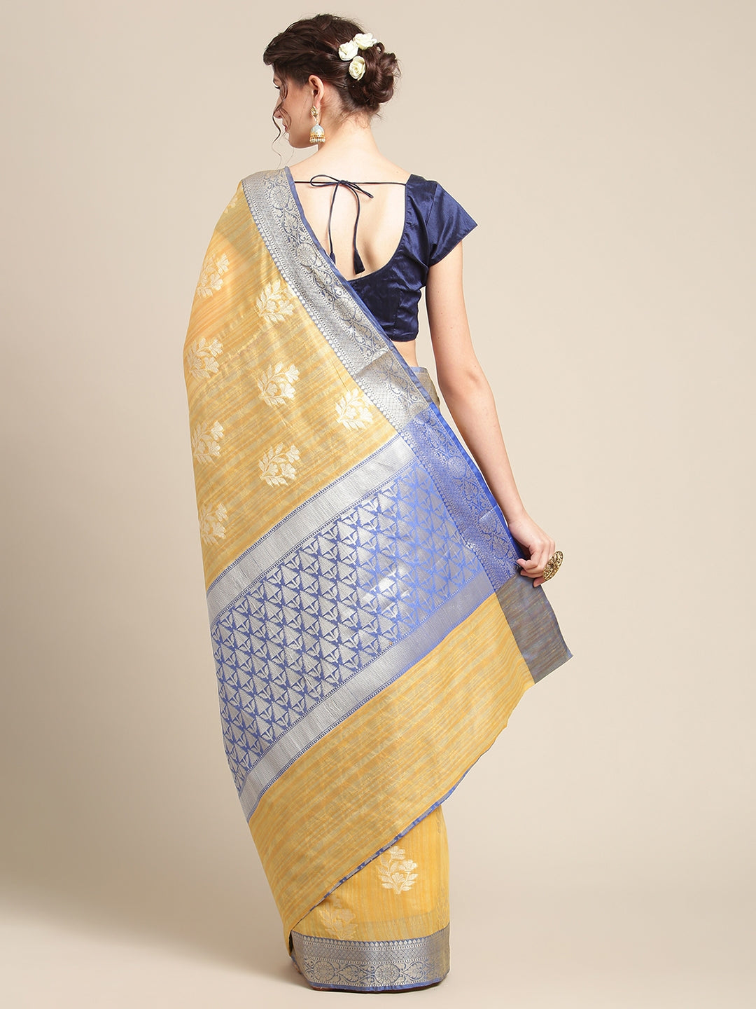 Faishana Presents Handwoven Gold Matka Silk Boota Skirt Border With Blue Blouse Banarasi Saree
