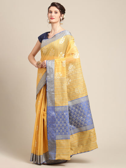 Faishana Presents Handwoven Gold Matka Silk Boota Skirt Border With Blue Blouse Banarasi Saree