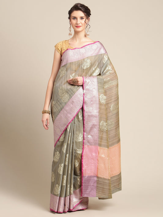 Faishana Presents Handwoven Grey Matka Silk Boota Zari Border With Peach Blouse Banarasi Saree