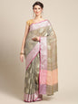 Faishana Presents Handwoven Grey Matka Silk Boota Zari Border With Peach Blouse Banarasi Saree
