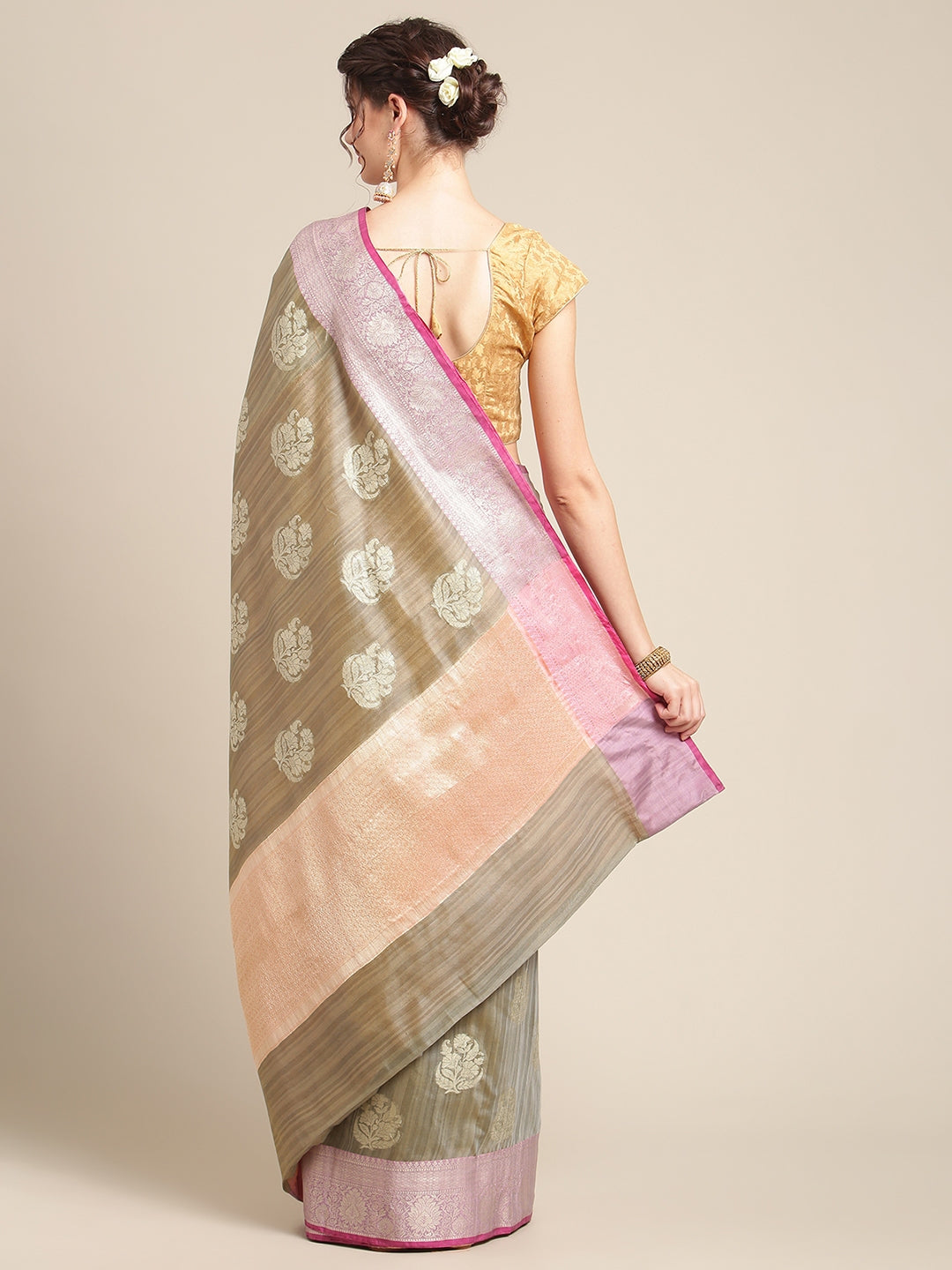 Faishana Presents Handwoven Grey Matka Silk Boota Zari Border With Peach Blouse Banarasi Saree