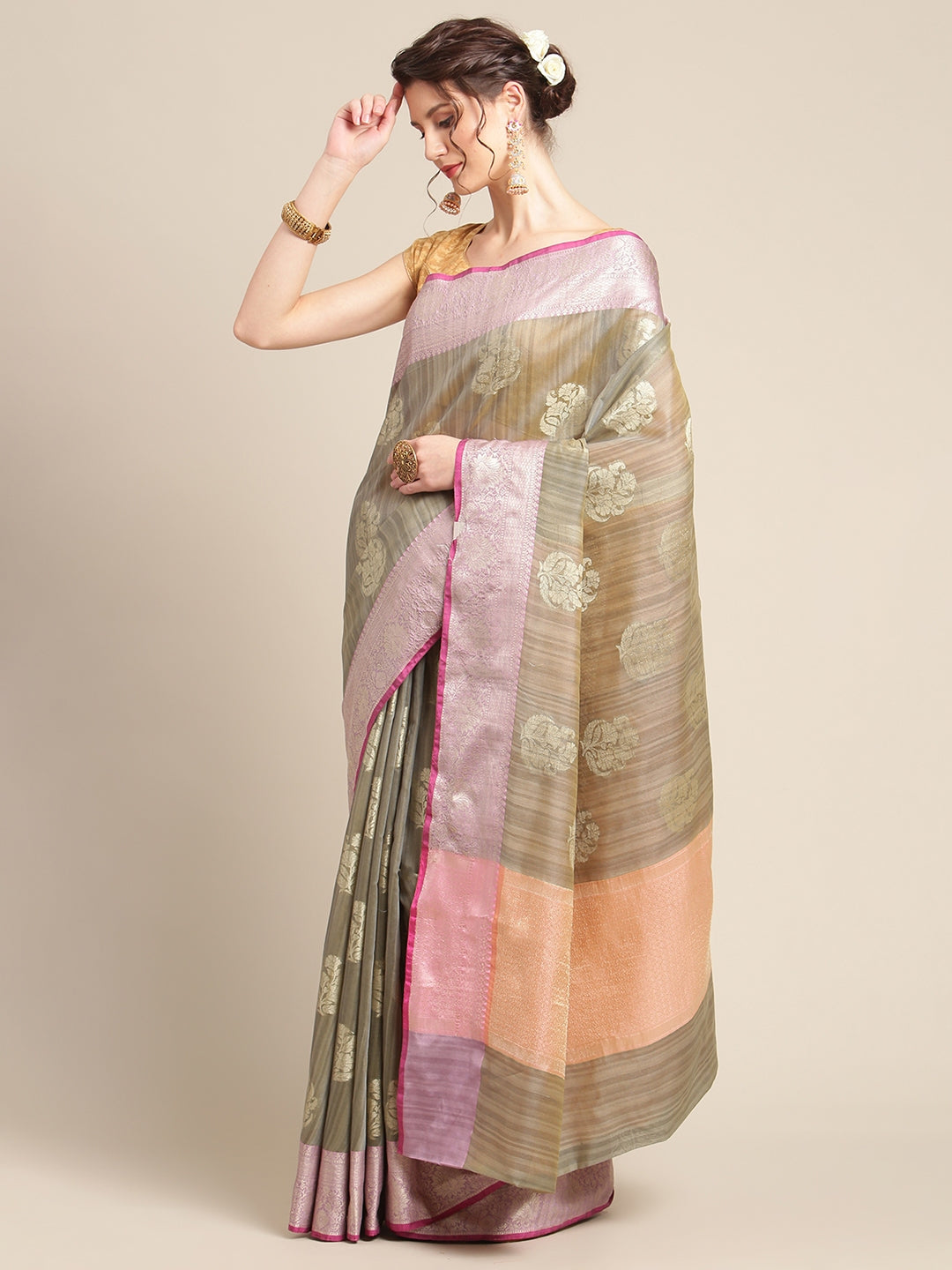 Faishana Presents Handwoven Grey Matka Silk Boota Zari Border With Peach Blouse Banarasi Saree