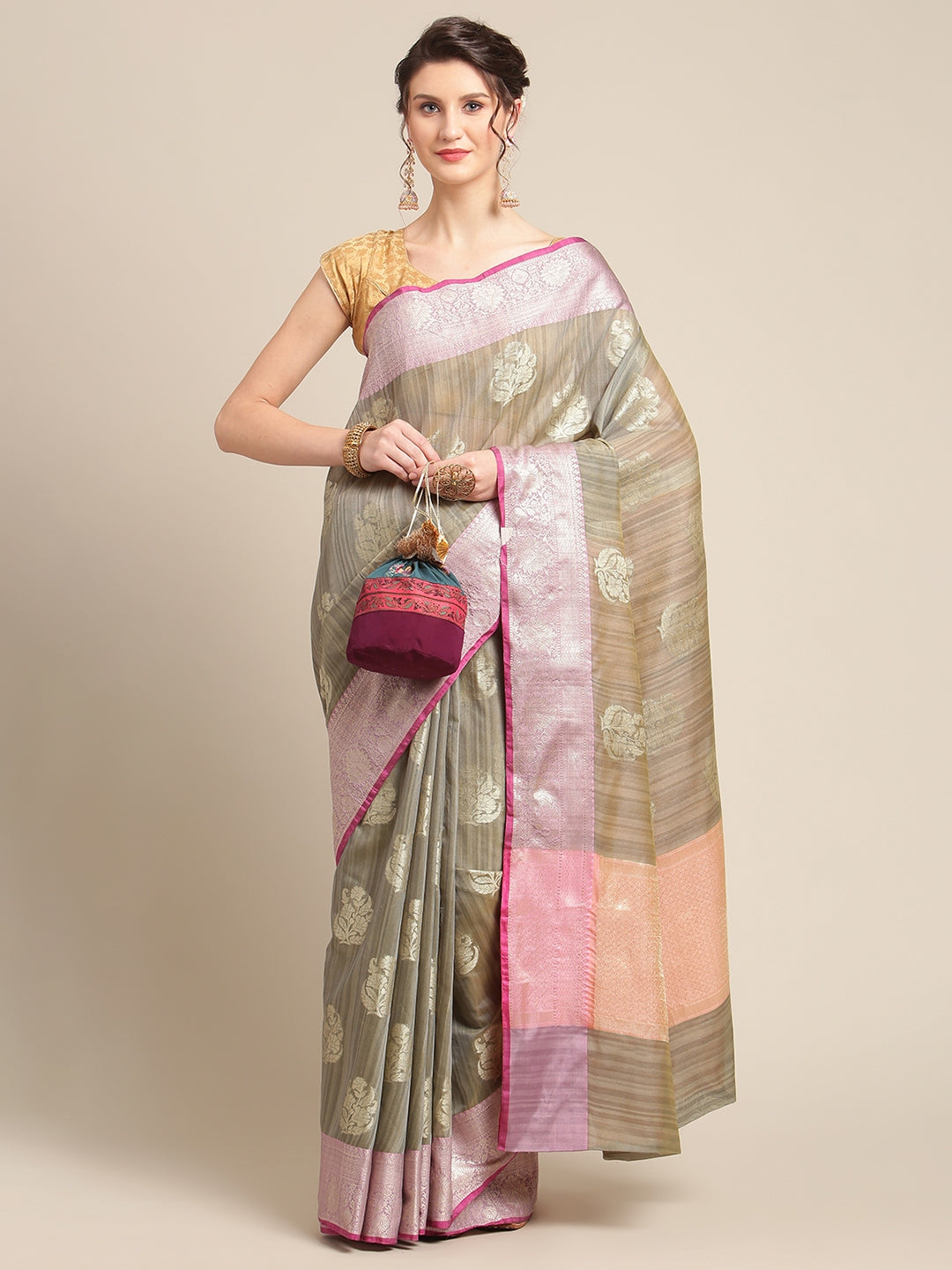 Faishana Presents Handwoven Grey Matka Silk Boota Zari Border With Peach Blouse Banarasi Saree