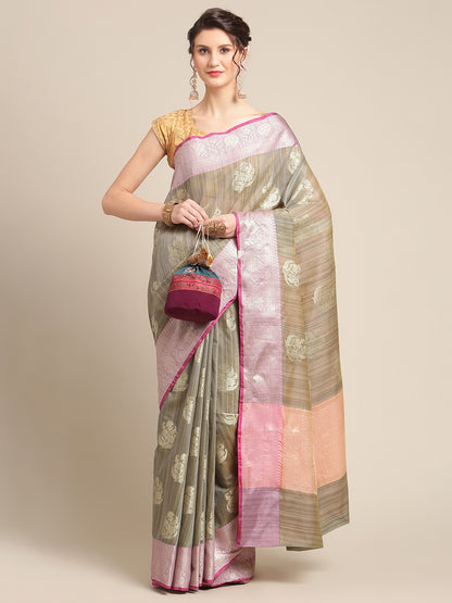Faishana Presents Handwoven Grey Matka Silk Boota Zari Border With Peach Blouse Banarasi Saree