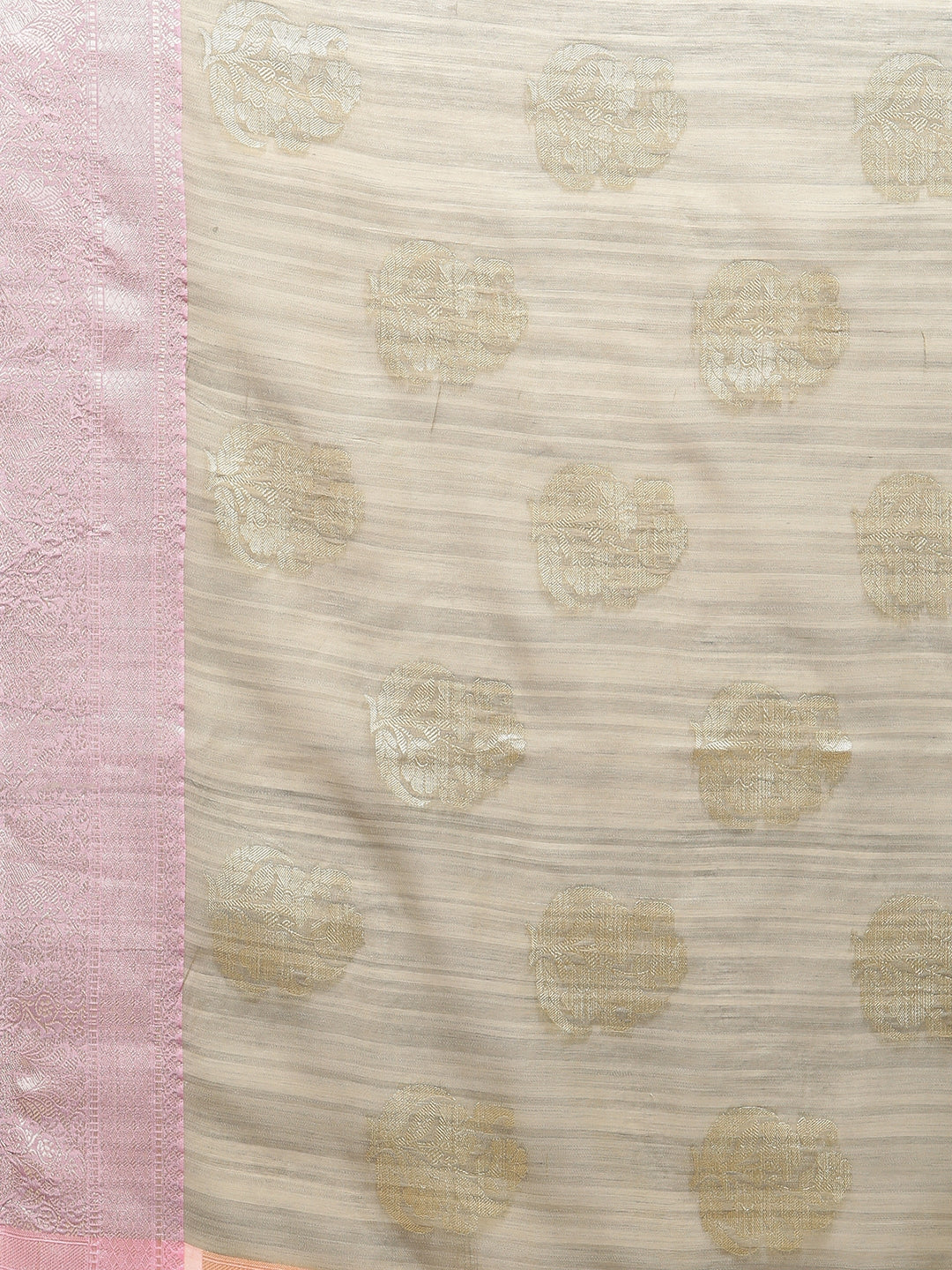 Faishana Presents Handwoven Grey Matka Silk Boota Zari Border With Peach Blouse Banarasi Saree